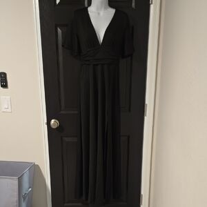 Deep V Black Maxi Dress with Flutter Sleeves